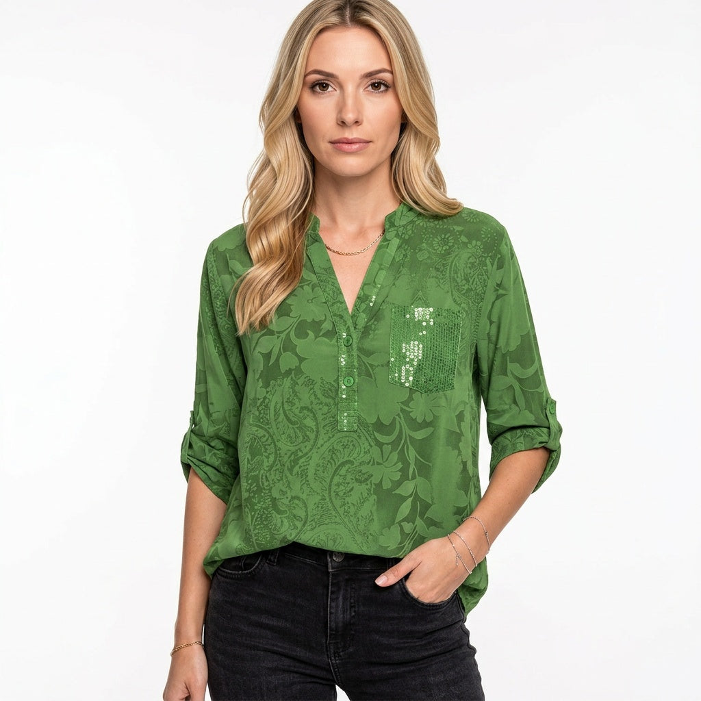 Floral Jacquard Blouse with Sequin Pocket and Roll-Up Sleeves