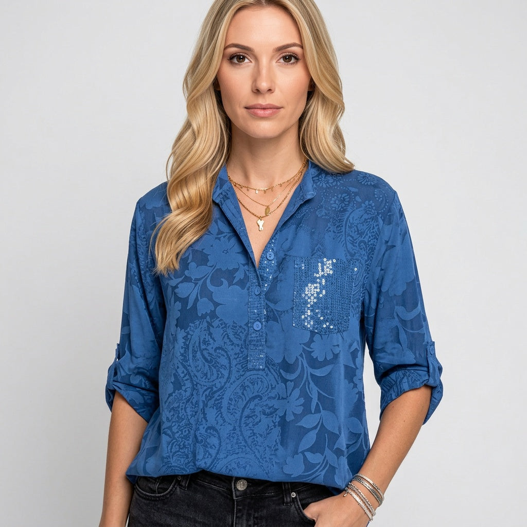 Floral Jacquard Blouse with Sequin Pocket and Roll-Up Sleeves