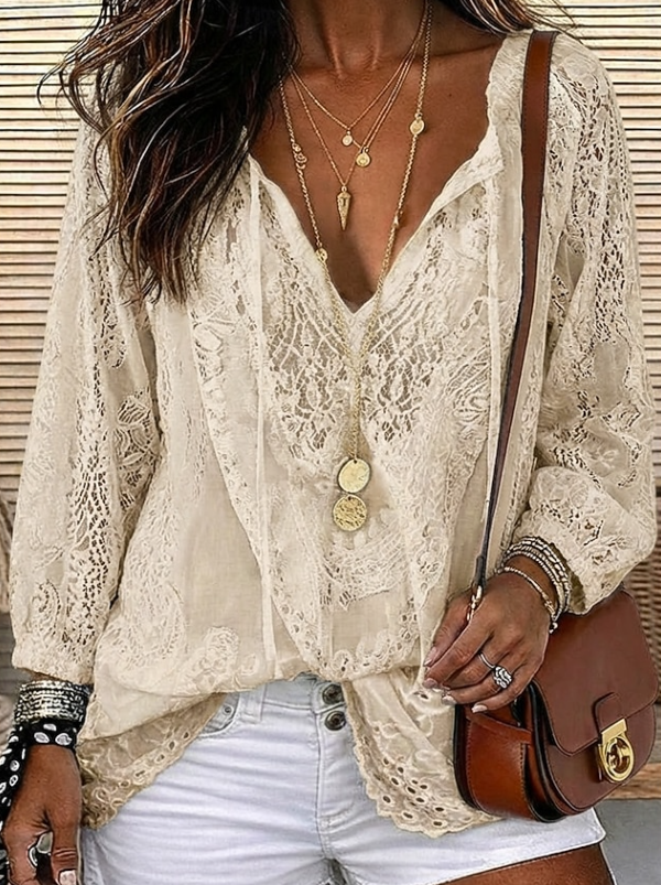 Floral Lace Blouse with Deep V-Neckline and Long Sleeves