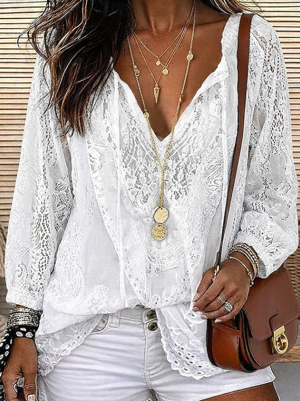 Floral Lace Blouse with Deep V-Neckline and Long Sleeves
