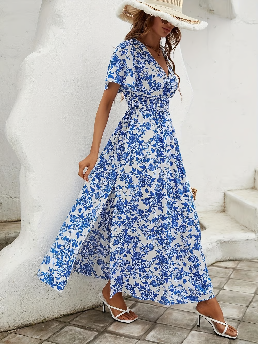 Floral Maxi Dress with Smocked Waist and Side Split