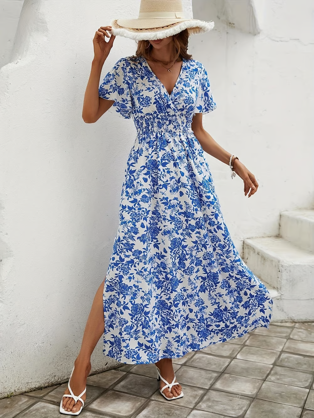 Floral Maxi Dress with Smocked Waist and Side Split