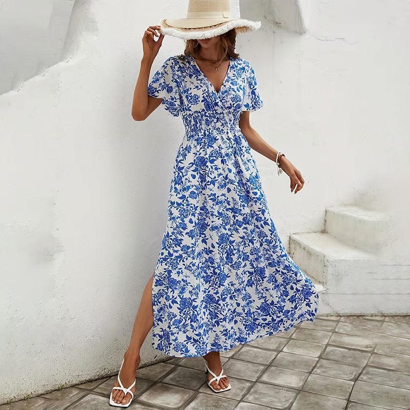 Floral Maxi Dress with Smocked Waist and Side Split
