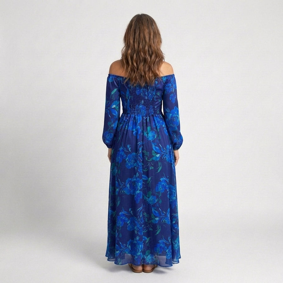 Dark Blue Floral Off Shoulder Maxi Dress with Long Sleeves