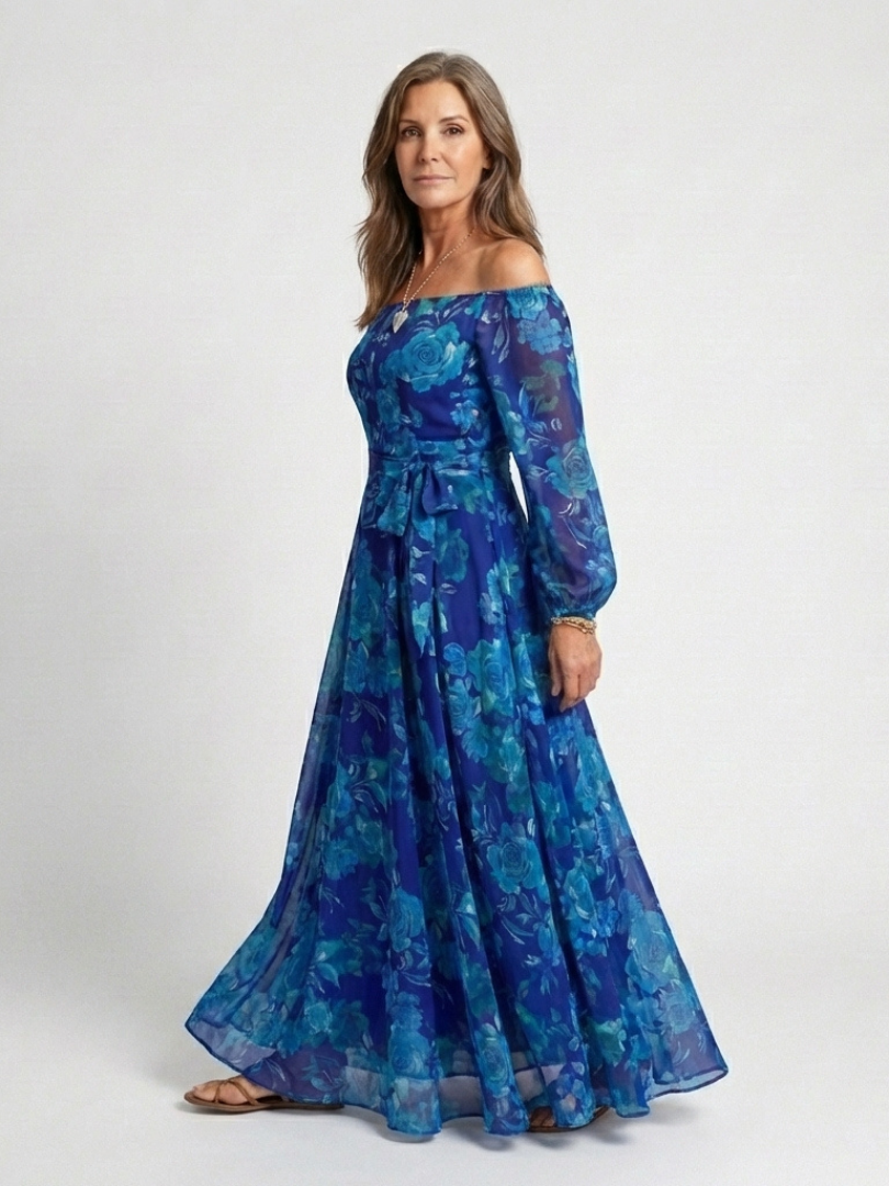 Dark Blue Floral Off Shoulder Maxi Dress with Long Sleeves