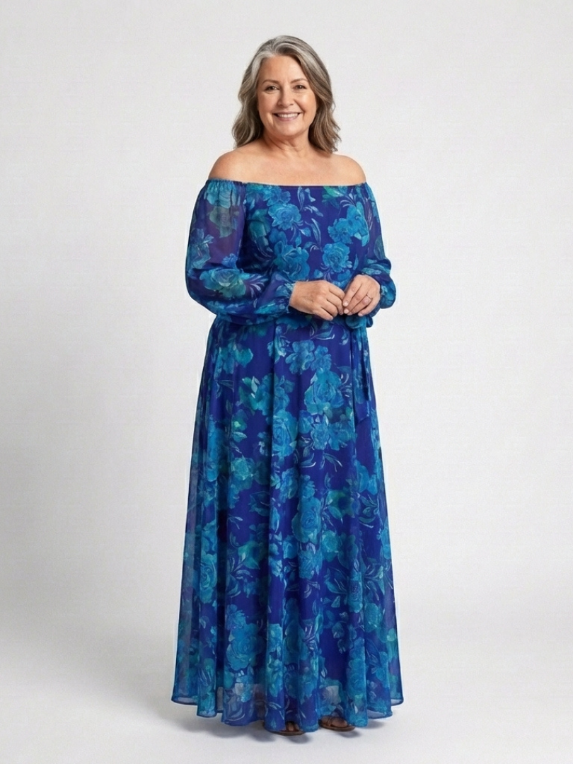Dark Blue Floral Off Shoulder Maxi Dress with Long Sleeves