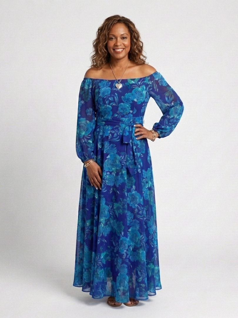 Dark Blue Floral Off Shoulder Maxi Dress with Long Sleeves
