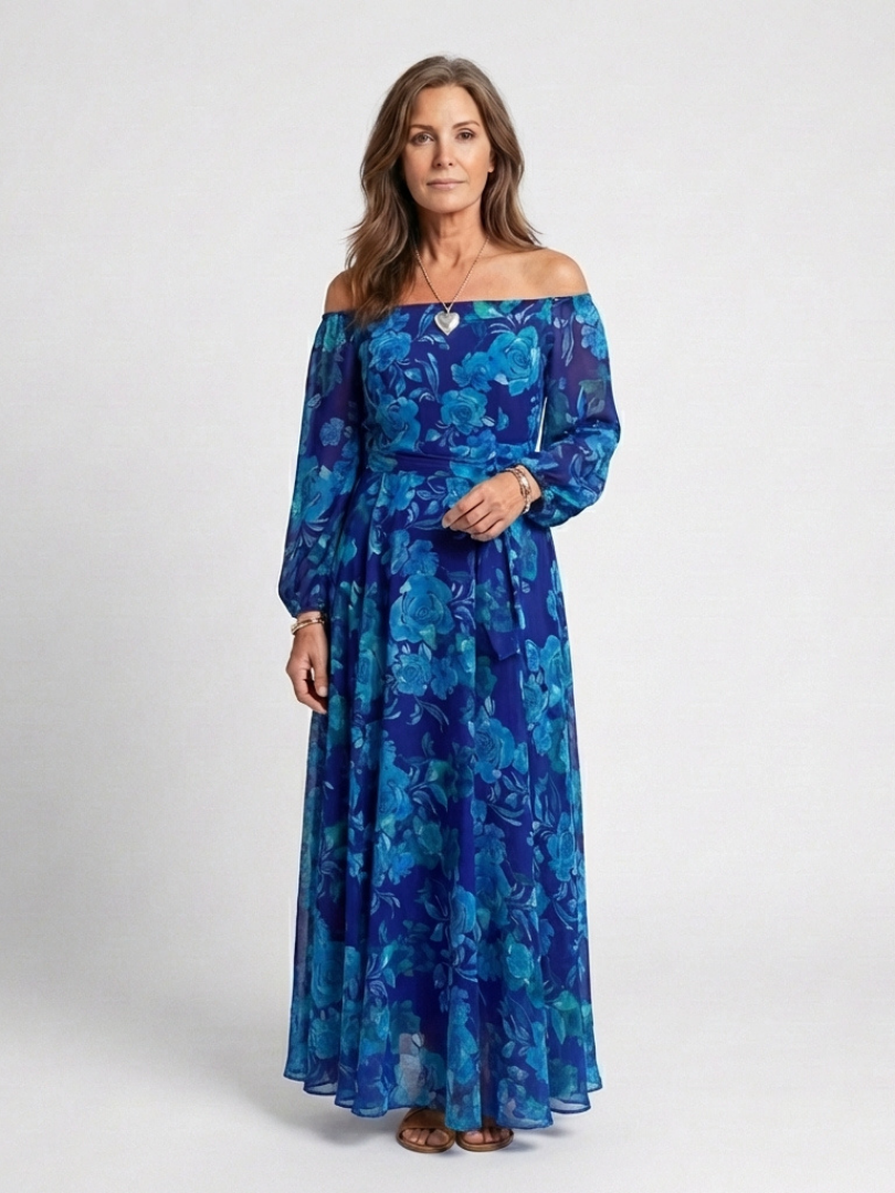 Dark Blue Floral Off Shoulder Maxi Dress with Long Sleeves