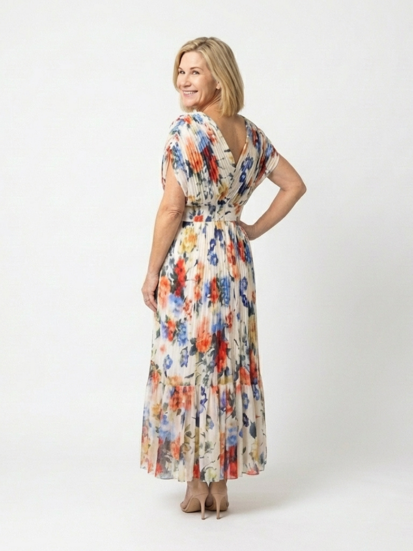 Floral Pleated Maxi Dress with Batwing Sleeves and Gathered Waist