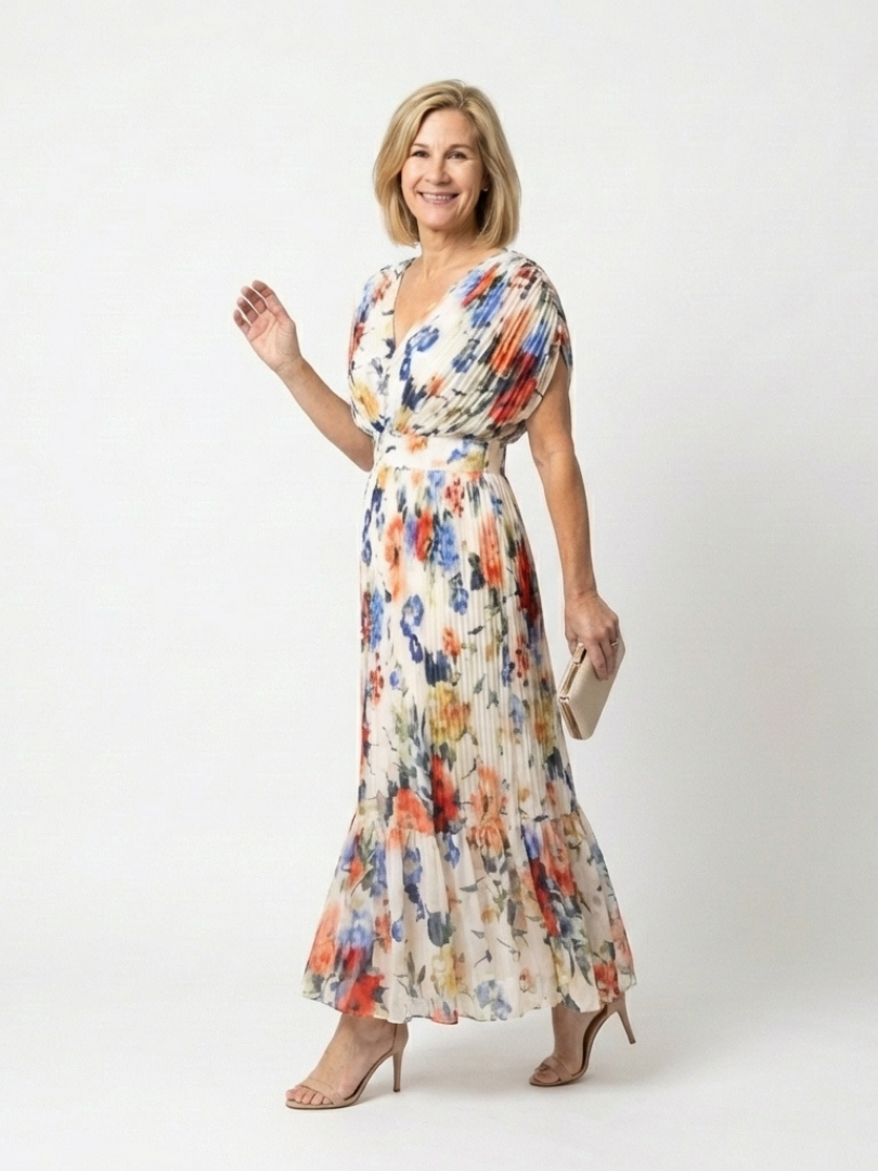 Floral Pleated Maxi Dress with Batwing Sleeves and Gathered Waist