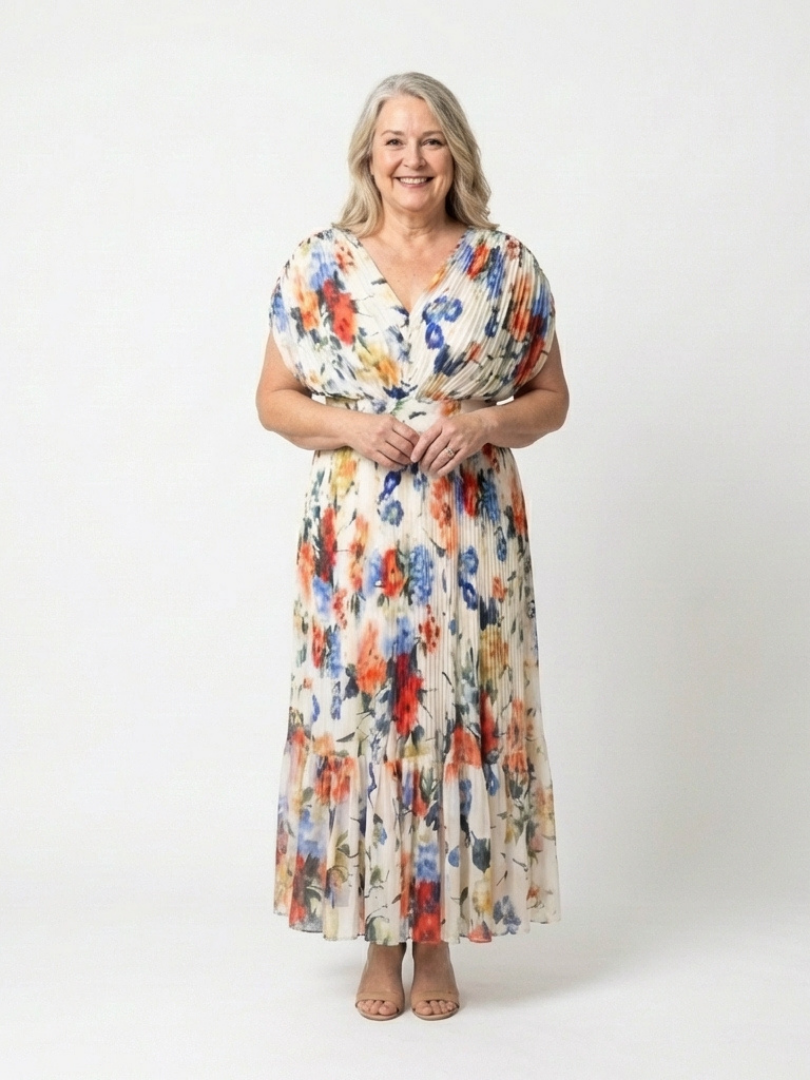 Floral Pleated Maxi Dress with Batwing Sleeves and Gathered Waist