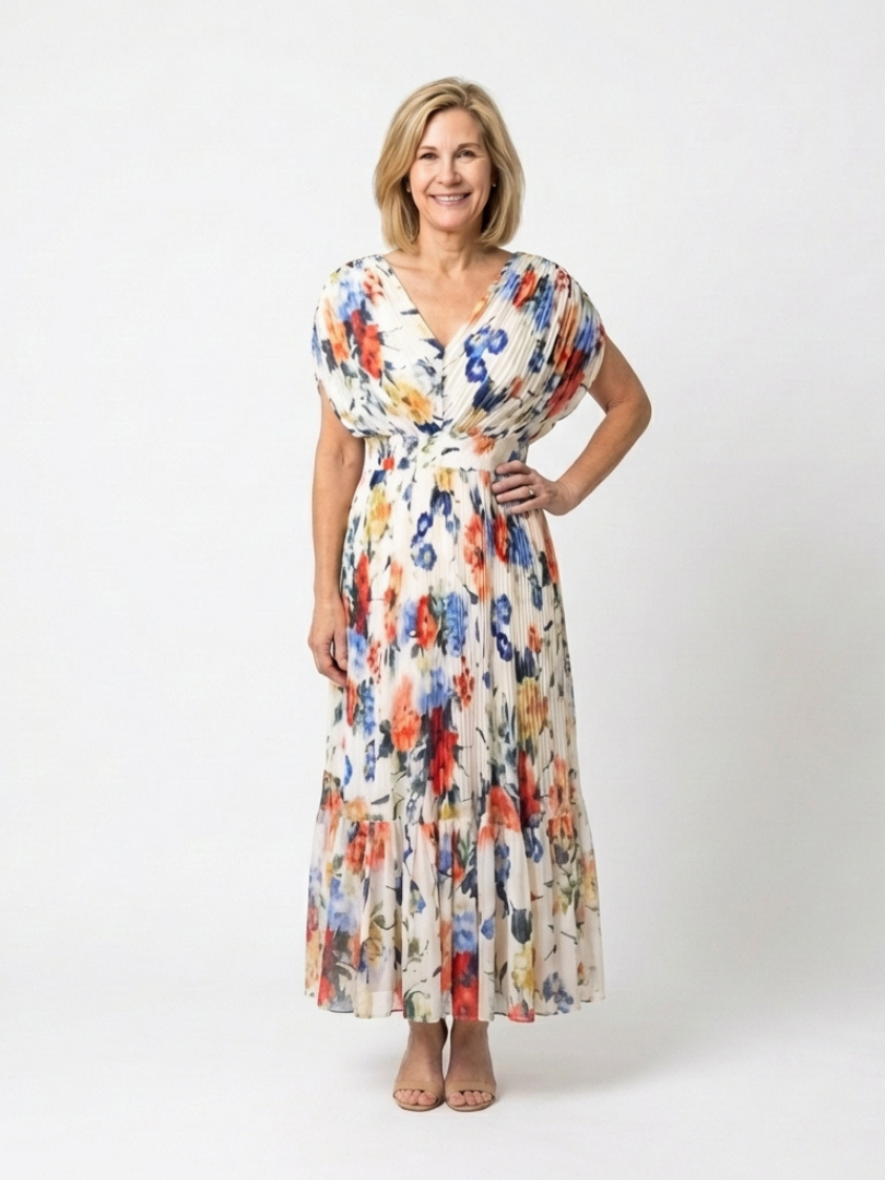 Floral Pleated Maxi Dress with Batwing Sleeves and Gathered Waist