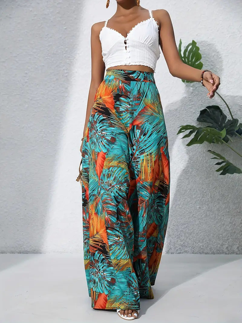 Floral Print High Waist Wide Leg Trousers with Flowing Palazzo Fit