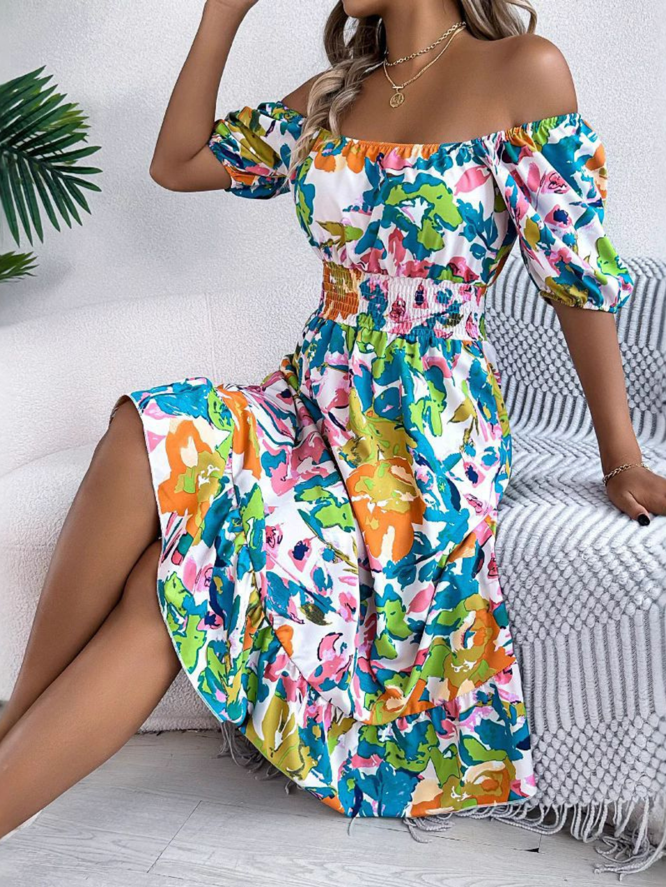 Floral Print Off Shoulder Smocked Waist Midi Dress with Puff Sleeves
