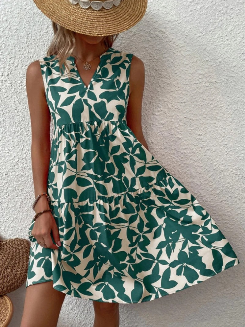 Floral Print Sleeveless Tiered Mini Dress with V-Neckline