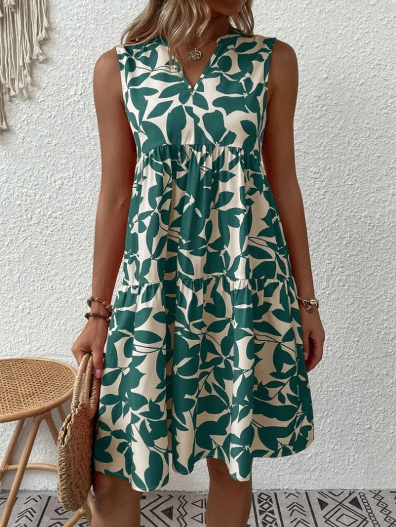 Floral Print Sleeveless Tiered Mini Dress with V-Neckline