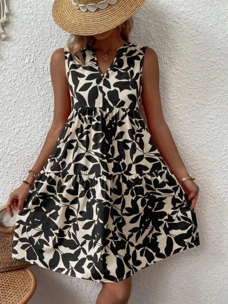 Floral Print Sleeveless Tiered Mini Dress with V-Neckline