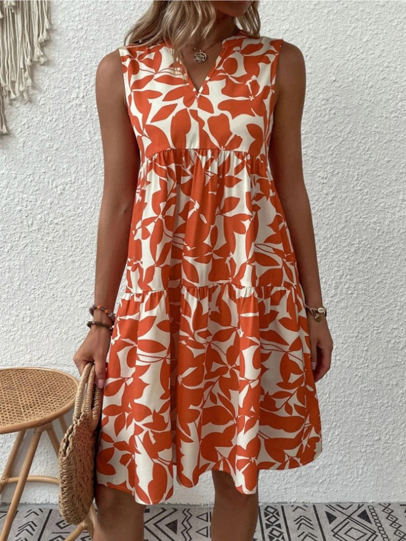 Floral Print Sleeveless Tiered Mini Dress with V-Neckline