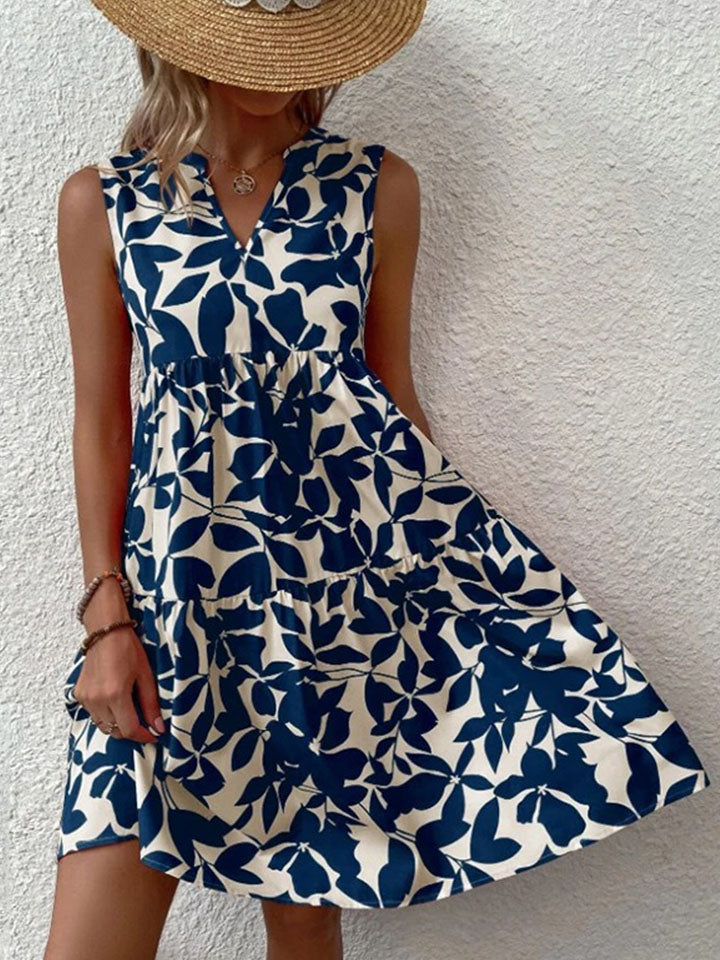 Floral Print Sleeveless Tiered Mini Dress with V-Neckline