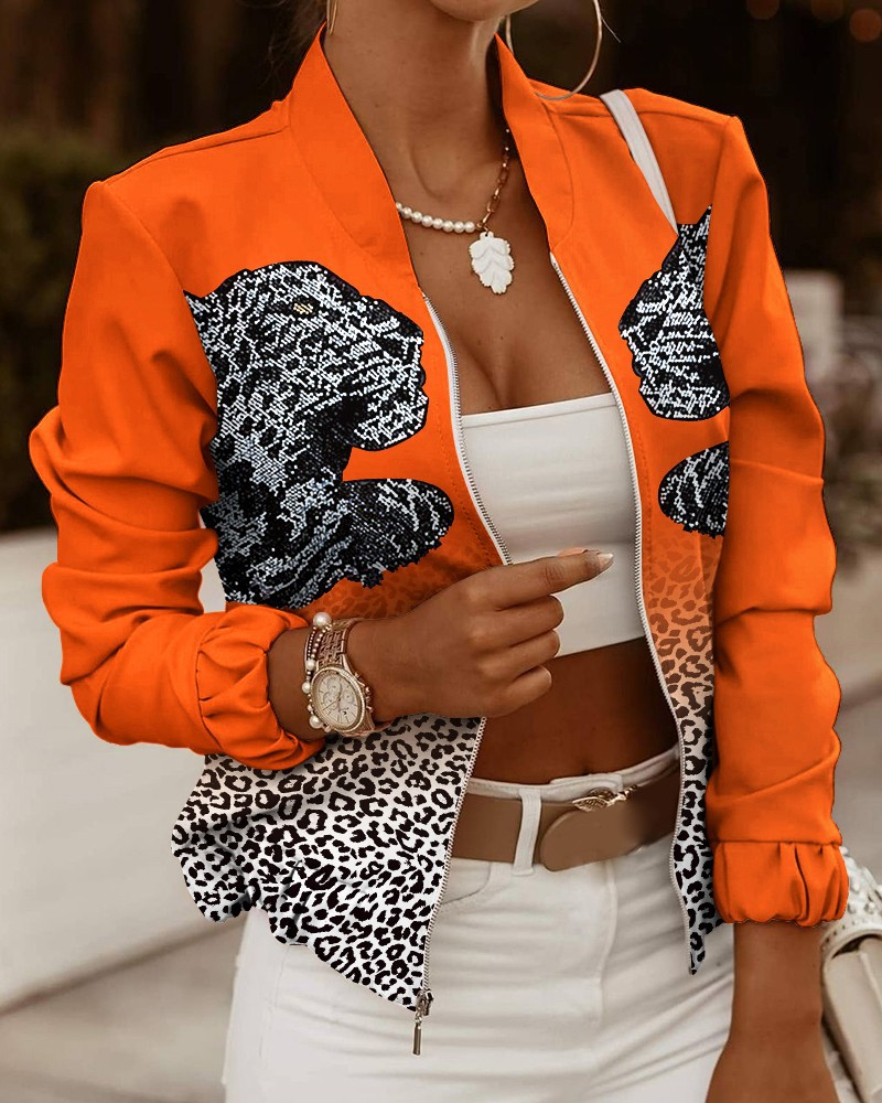 Floral Printed Fitted Bomber Jacket with Ribbed Trim
