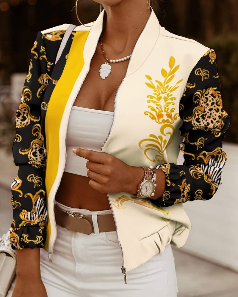 Floral Printed Fitted Bomber Jacket with Ribbed Trim