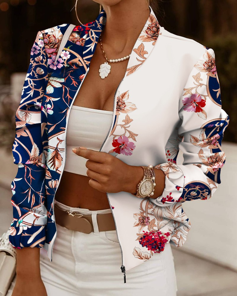 Floral Printed Fitted Bomber Jacket with Ribbed Trim