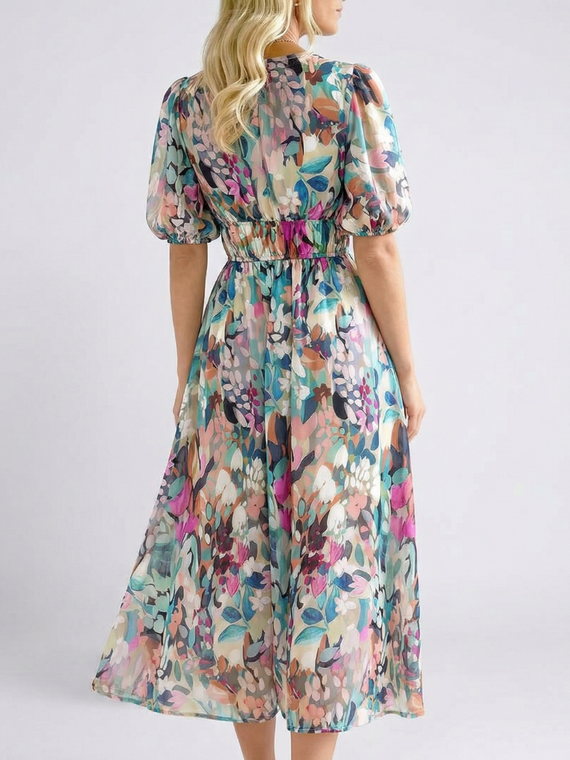 Floral Puff Sleeve Summer Dress with Ruched Waist and V-Neckline