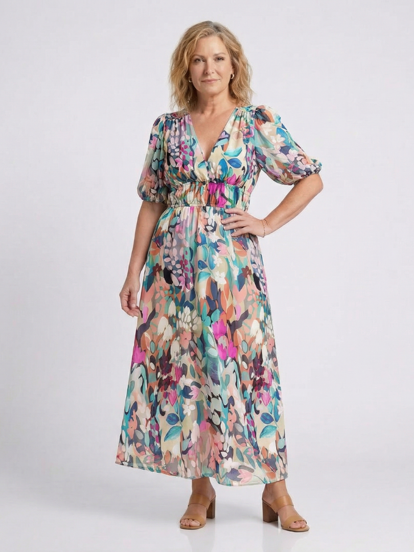 Floral Puff Sleeve Summer Dress with Ruched Waist and V-Neckline