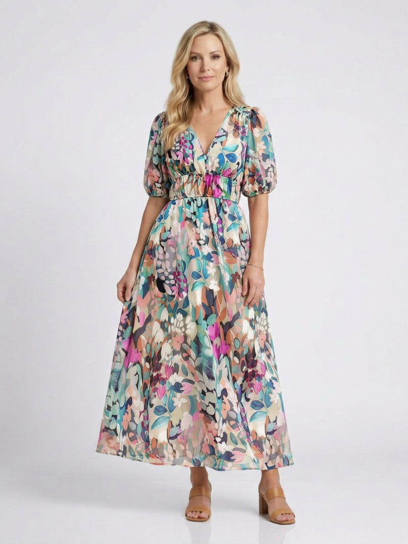 Floral Puff Sleeve Summer Dress with Ruched Waist and V-Neckline