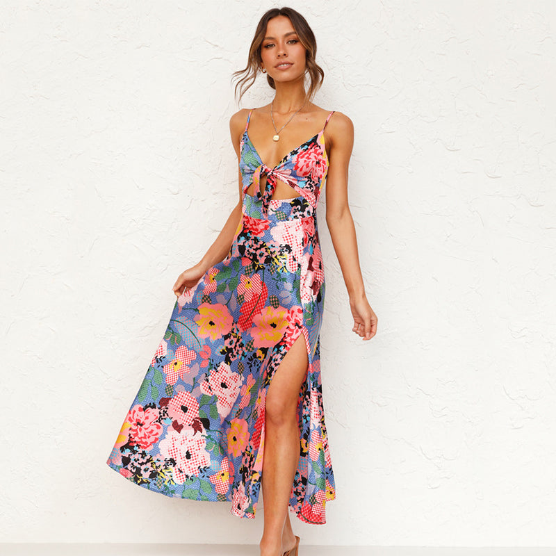 Floral Satin Style Midi Dress with Tie Front and Cut Out Detail