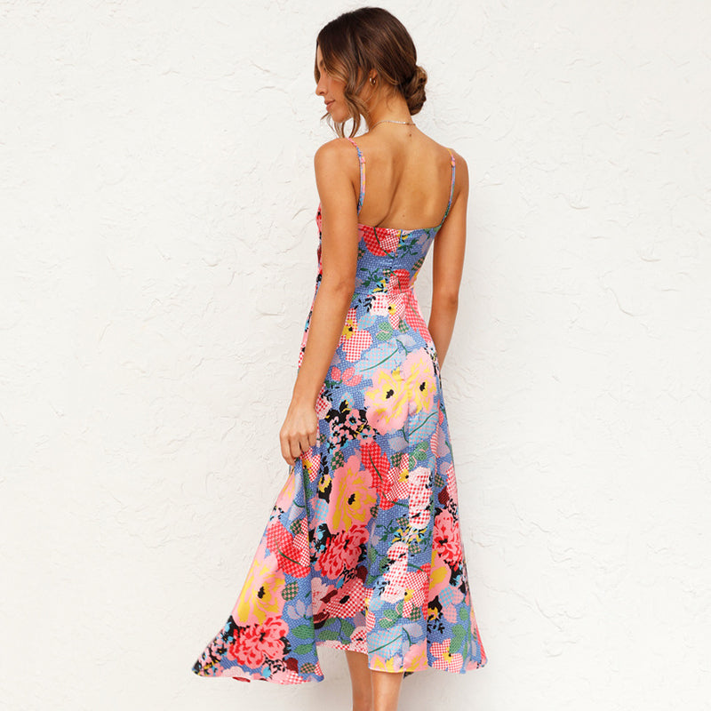 Floral Satin Style Midi Dress with Tie Front and Cut Out Detail