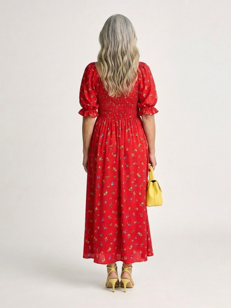 Floral Smocked Bodice Midi Dress with Puff Sleeves and Square Neckline