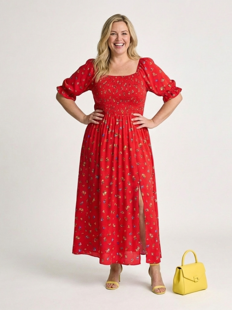 Floral Smocked Bodice Midi Dress with Puff Sleeves and Square Neckline