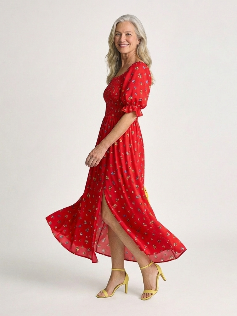 Floral Smocked Bodice Midi Dress with Puff Sleeves and Square Neckline