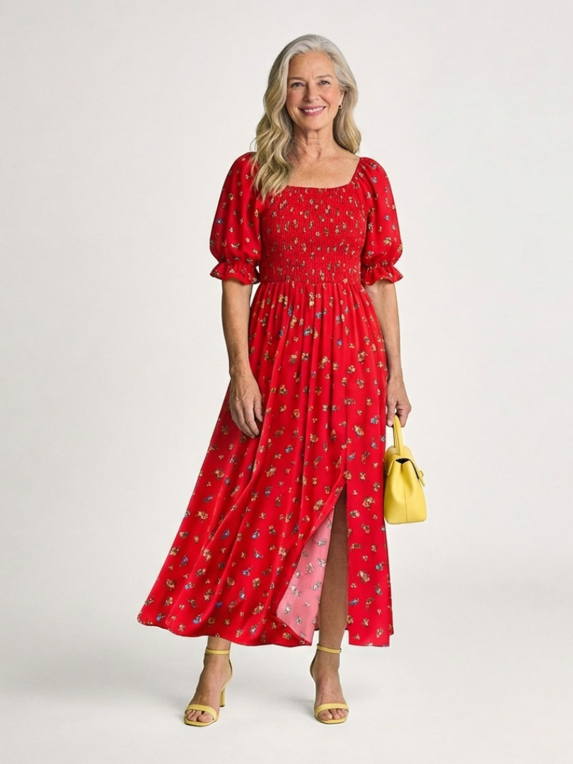 Floral Smocked Bodice Midi Dress with Puff Sleeves and Square Neckline