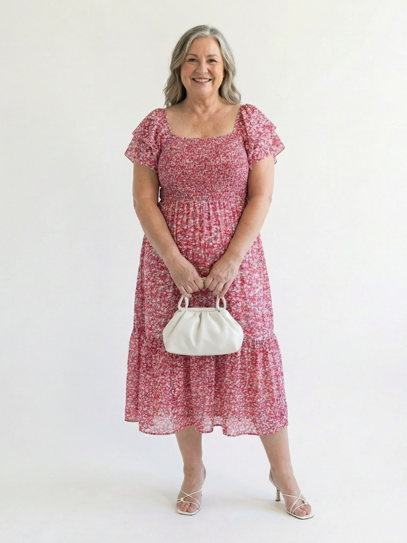 Floral Smocked Midi Dress with Flutter Sleeves and Square Neckline