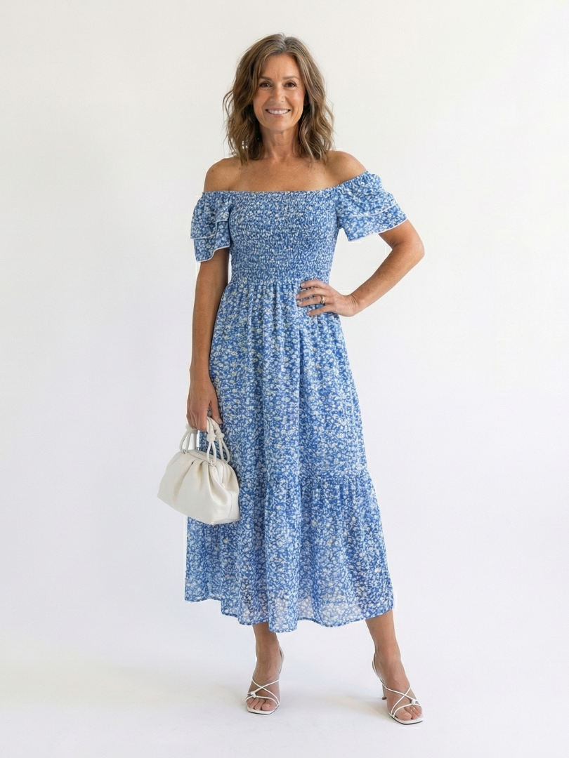 Floral Smocked Midi Dress with Flutter Sleeves and Square Neckline