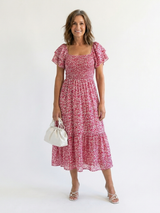 Floral Smocked Midi Dress with Flutter Sleeves and Square Neckline