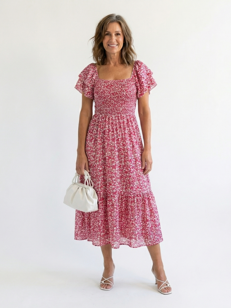 Floral Smocked Midi Dress with Flutter Sleeves and Square Neckline