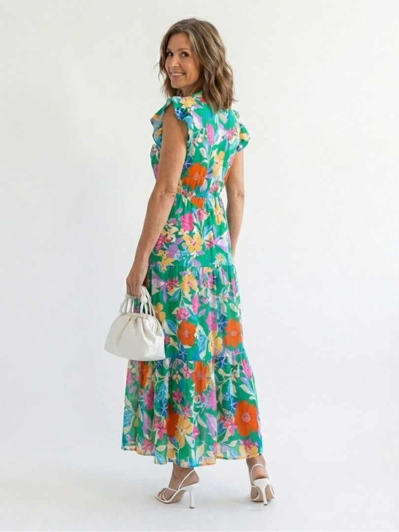Floral Tiered Maxi Dress with Ruffle Sleeves and V-Neckline