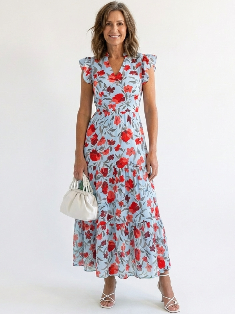 Floral Tiered Maxi Dress with Ruffle Sleeves and V-Neckline