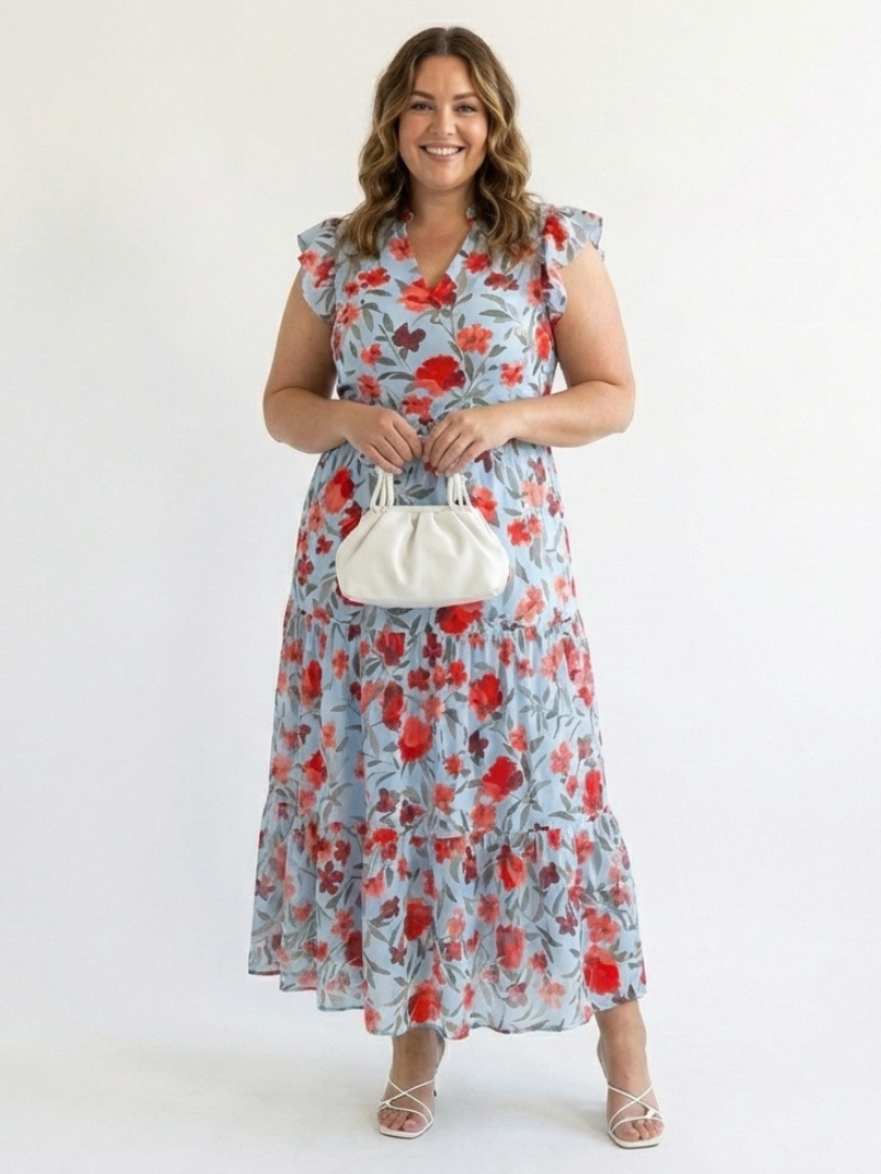 Floral Tiered Maxi Dress with Ruffle Sleeves and V-Neckline
