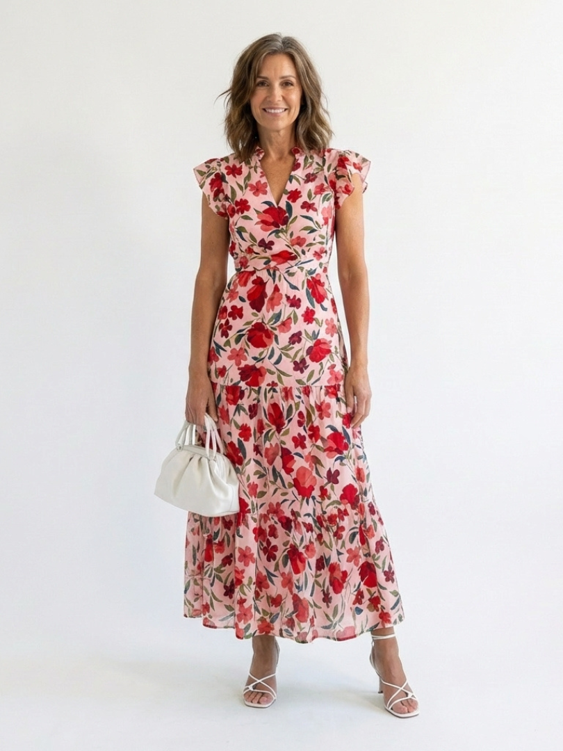Floral Tiered Maxi Dress with Ruffle Sleeves and V-Neckline