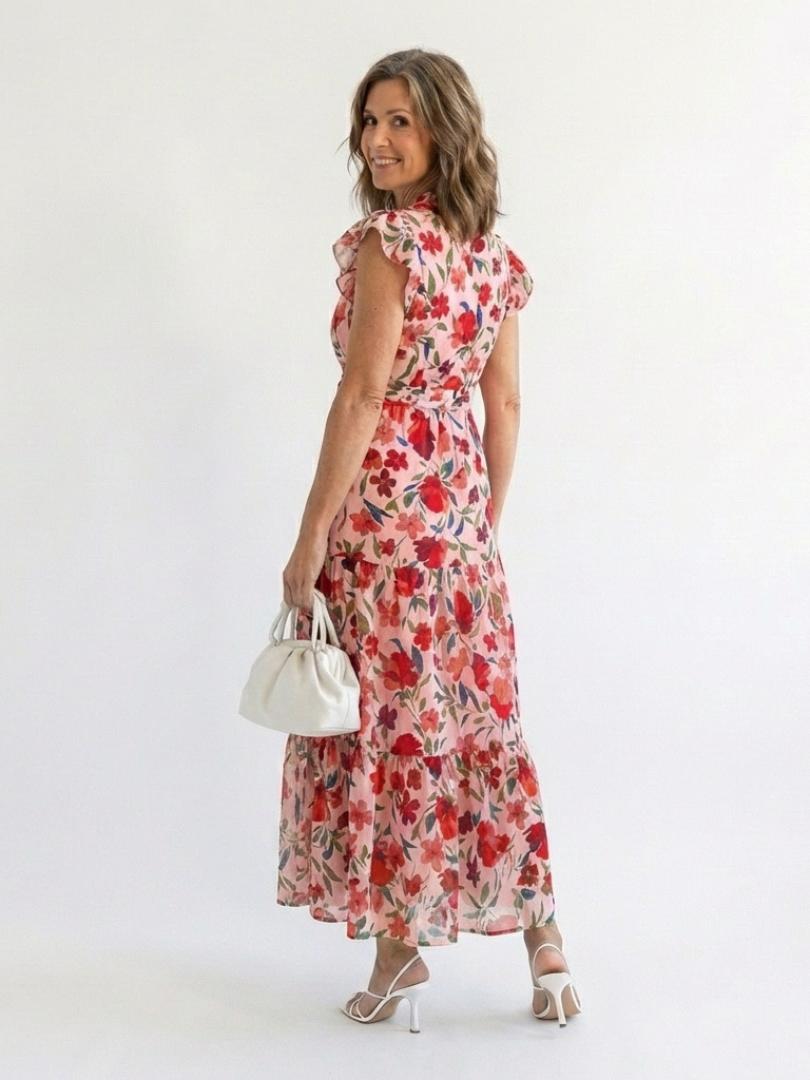 Floral Tiered Maxi Dress with Ruffle Sleeves and V-Neckline