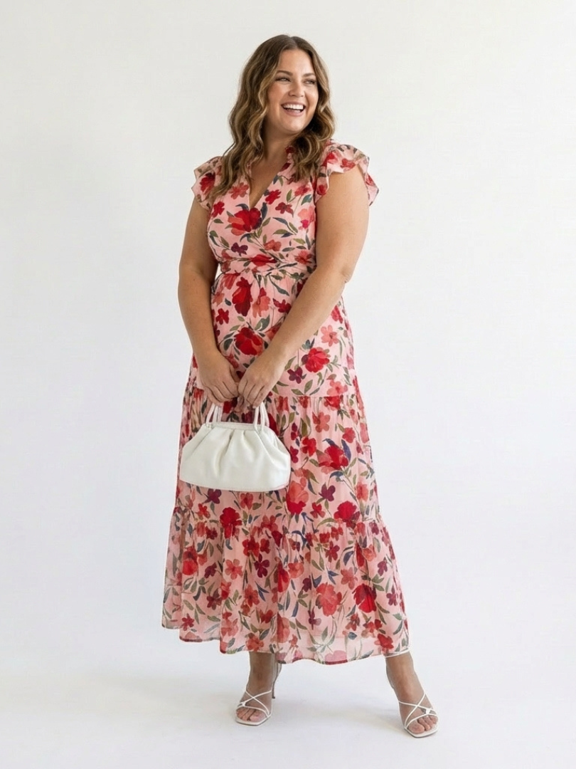 Floral Tiered Maxi Dress with Ruffle Sleeves and V-Neckline