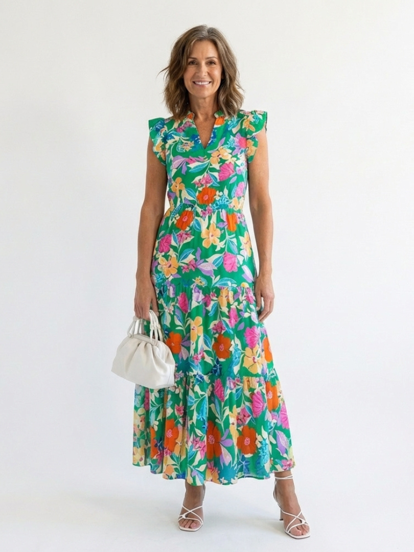 Floral Tiered Maxi Dress with Ruffle Sleeves and V-Neckline