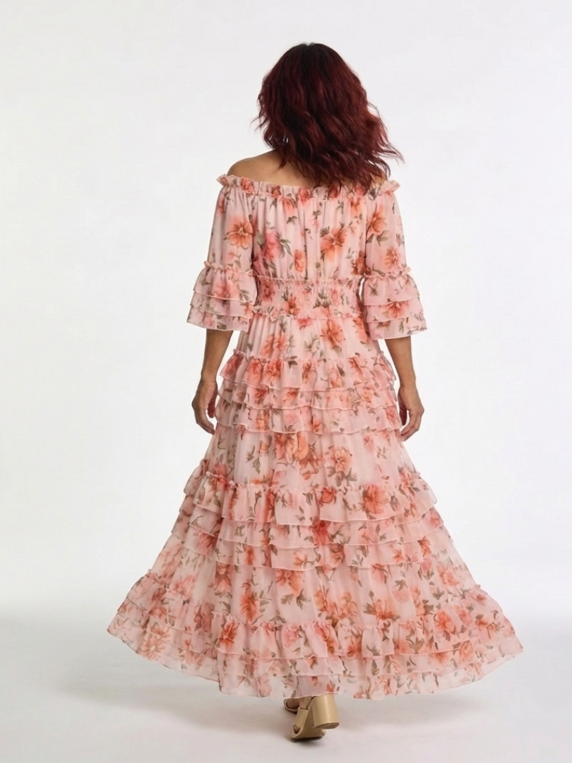 Floral Tiered Ruffle Maxi Dress with Off Shoulder Neckline