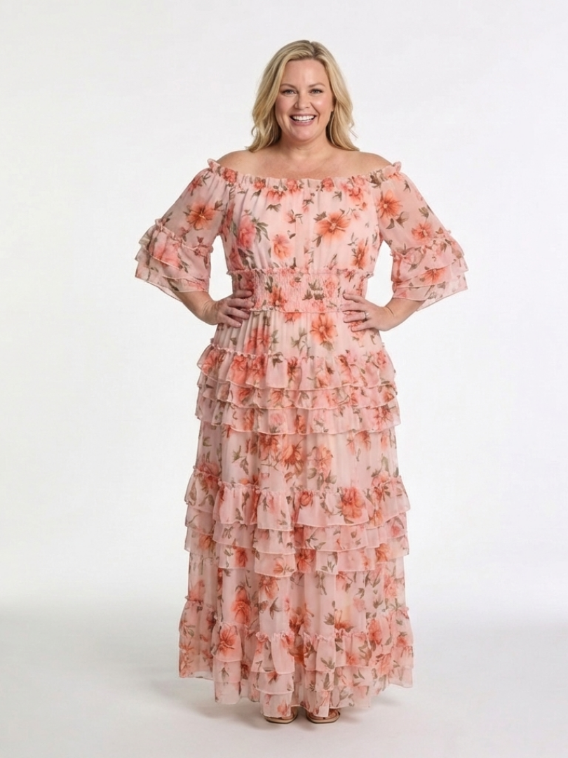 Floral Tiered Ruffle Maxi Dress with Off Shoulder Neckline