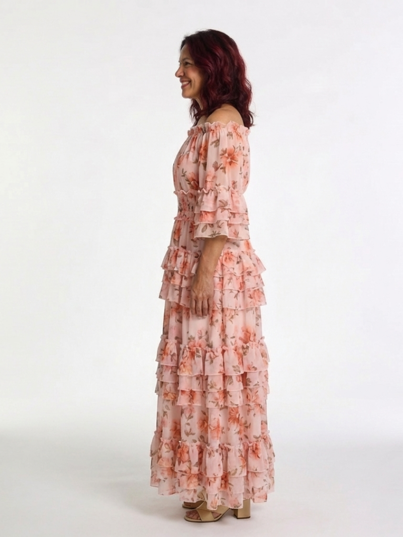 Floral Tiered Ruffle Maxi Dress with Off Shoulder Neckline