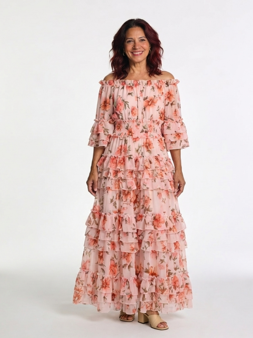 Floral Tiered Ruffle Maxi Dress with Off Shoulder Neckline